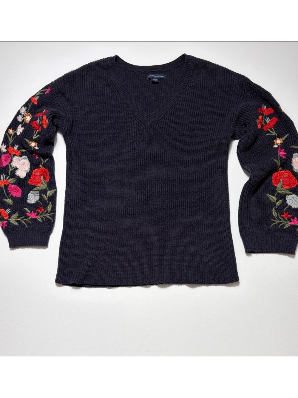 American Eagle Outfitters Embroidered Floral Sleeve Knit Sweater